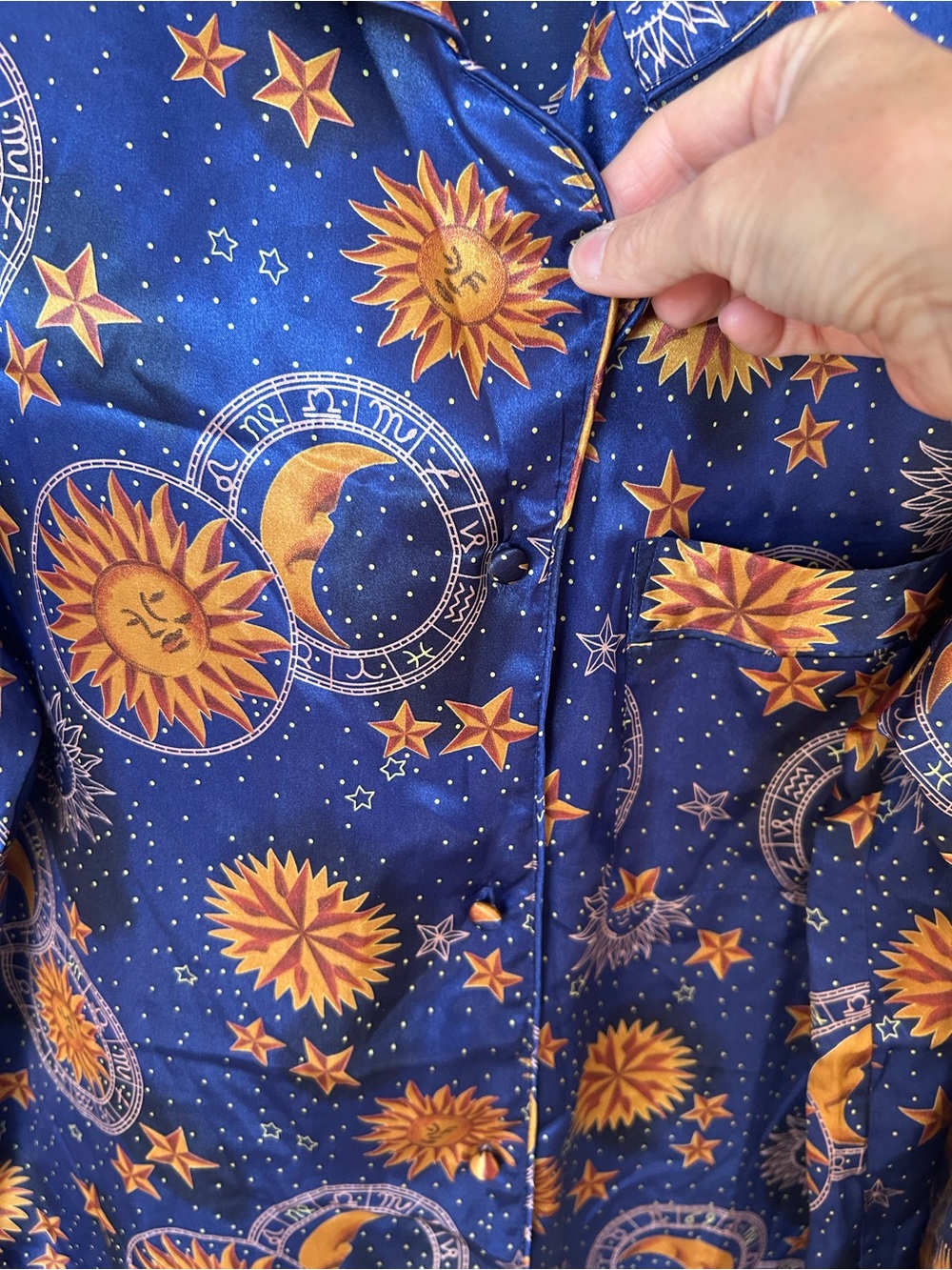 Vintage Celestial Satin Button-Up Night Gown/Shirt -Gold Sun & Moon Print - Picture 6 of 8